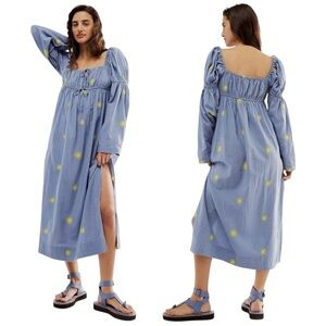 FREE PEOPLE EMORY DAISY EMBROIDERY MILKMAID COTTON LINEN RELAXED BOHO MIDI DRESS